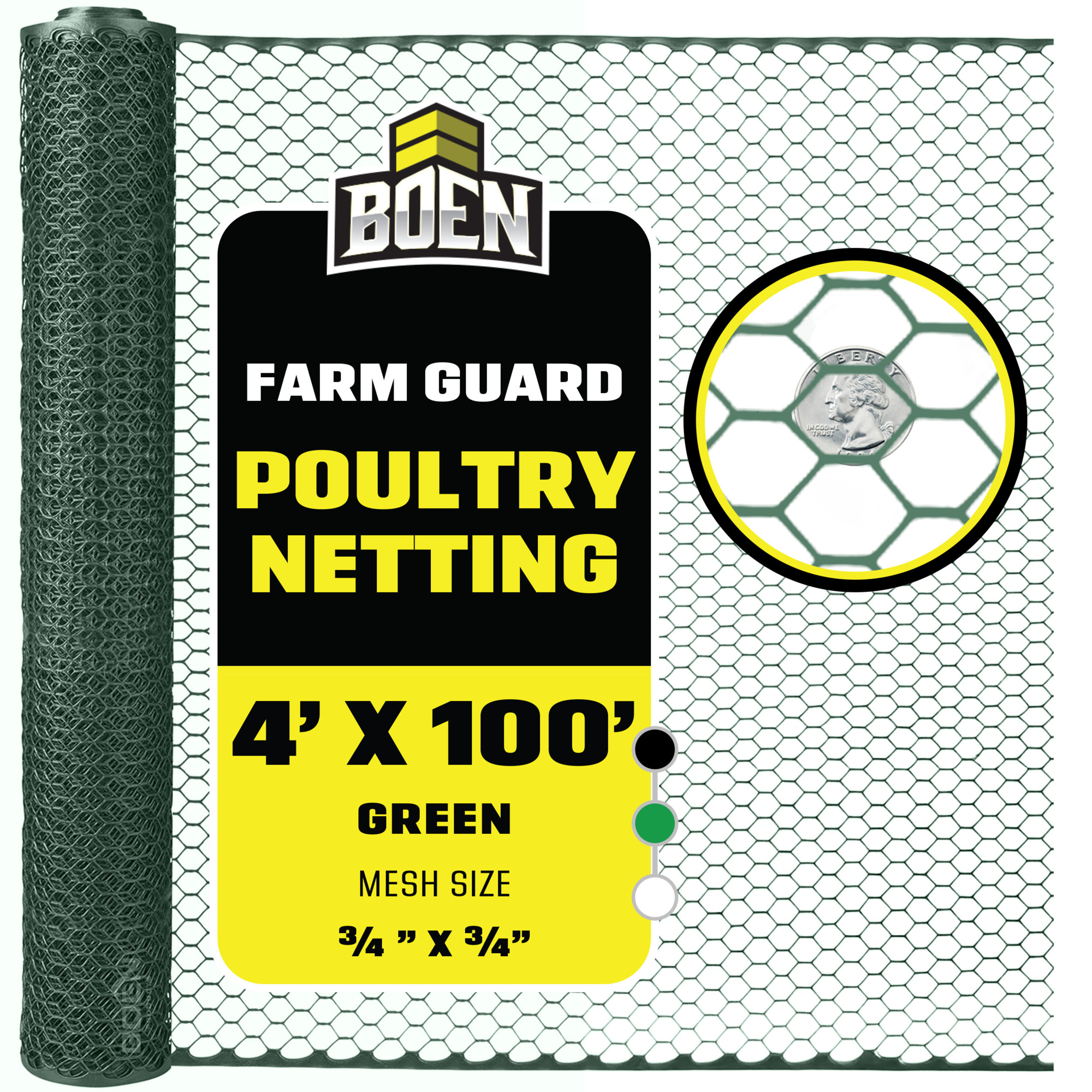 Boen Green Plastic Hex Chicken Wire 4 ft x 100 ft, Plastic Fence Poultry Netting for Temporary or Semi Permanent Enclosures, Deer Netting Fence